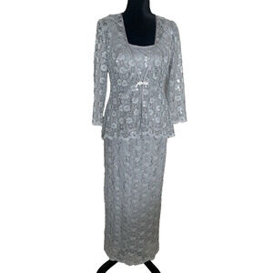 Vtg R&M Collection Lace Formal Maxi Dress Womens Size 6 Blue w Sequins & Jacket